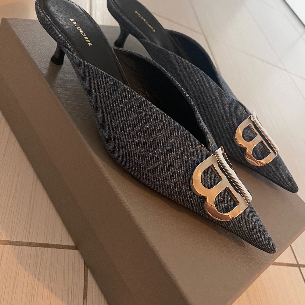 Balenciaga BB Denim Kitten-Heel Mules